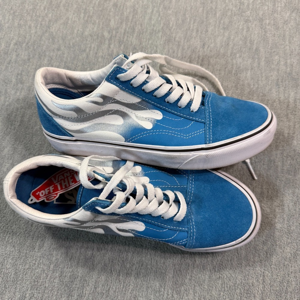 Vans‎ Old Skool Sneakers Men 6.0 Blue Silver Flame Low Top Suede Skateboarding
